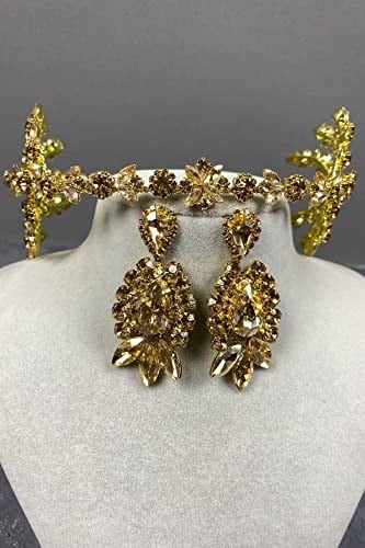 Bal Rengi Çift Taraflı Selen Model Kına Gelin Tacı Ve Taşlı Küpe Takımı