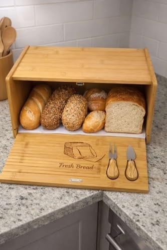 Bambu Ekmek Kutusu, Doğal Bambu Malzeme, Sürgülü Kapak, Kesim Panolu Dekoratif Tasarım, 40x25x15 cm, Dikdörtgen