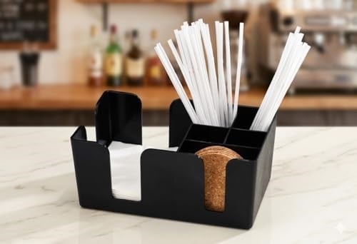 Bar Organizatörü, Siyah Plastik, Peçetelik ve Bardak Altlığı Bölmeli, Pipet Tutucu, Tezgah Üstü Düzenleyici
