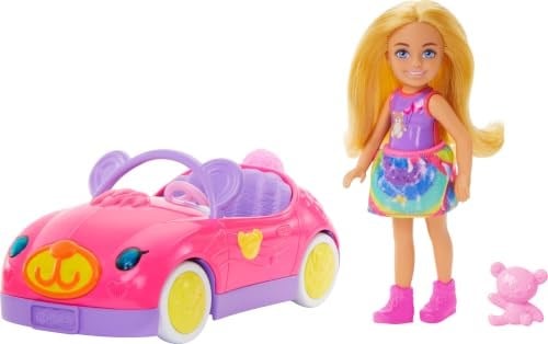 Barbie Chelsea Araç Barbie Chelsea araç seti, sarışın küçük bebek, oyuncak araba ve ayıcık aksesuarı HXN05