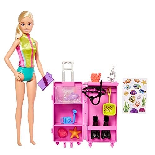 Barbie Deniz Biyoloğu Oyun Seti Barbie bebekler ve aksesuarlar, 10'dan fazla parçalı deniz biyoloğu bebek (sarışın) ve taşınabilir laboratuvar oyun seti HMH26