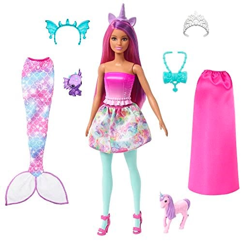 Barbie™ Dreamtopia Bebek ve Aksesuarlar Barbie Bebek ve evcil hayvanları, kıyafetli bebek, deniz kızı kuyruğu ve etek HLC28 - Seçenekler: Deniz kızı bebek (pembe saç)...