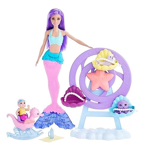 Barbie-Dreamtopia Deniz Kızı Bebek ve Çocuk Oyun Alanı - Seçenekler: deniz kızı ile deniz bebeği bakım seti...