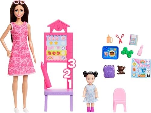 Barbie Kariyer Bebekleri öğretmen oyun seti, çıkarılabilir elbise giyen bebek, küçük çocuk figürü, sınıf tahtası ve aksesuarlar, JMK16
