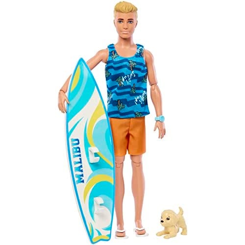 Barbie Sörf tahtası ile Ken bebek, Bükülebilir Sarışın Barbie, Havlu gibi Temaya Uygun Aksesuarlarıyla Ken Plaj Bebeği, HPT50