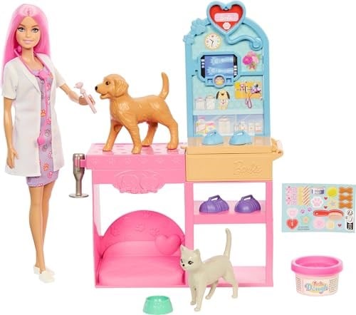 Barbie'nin Veteriner Kliniği oyun seti, pembe saçlı bebek, veteriner eşyaları ve alçıyla bandaj hazırlama hamuru dahil 10'dan fazla aksesuar, JFX93