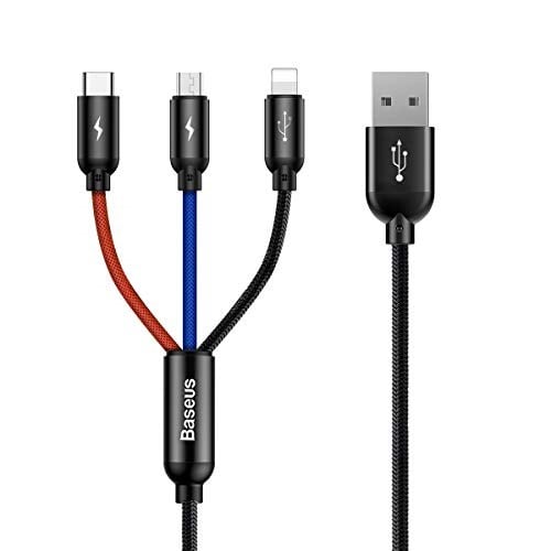 Baseus 3 in 1, Lightning için Şarj & Data Aktarım, Micro USB & USB-C için Şarj Kablosu, 0.3 Metre, Siyah - Seçenekler: 0.3 m, 1 m, 1.2 m, 2 m