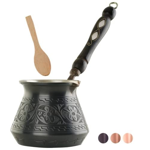 BCS 340 ml Bakır Türk Yunan Arap Kahve Demliği Ahşap Saplı (4 porsiyon) Cezve Ibrik Briki Ocak Üstü Kahve Makinesi (Ahşap Kaşık Dahil)
