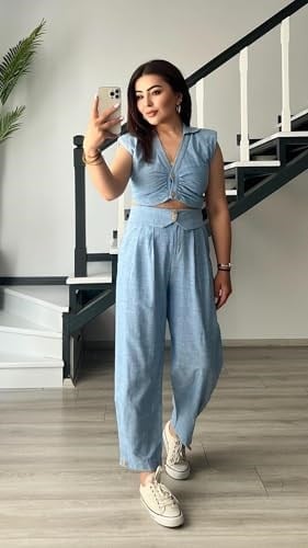 Bebe Mavi Omuz Vatka Detaylı Crop Bluz - Pantolon Takım - Bedenler: S, M
