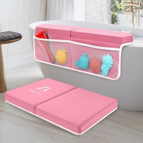 Bebek Banyo Diz Altı ve Dirsek Dayanağı Pedi Seti, Oyuncak Düzenleyici Saklama Cepleri ile Rahat Kaymaz Diz Çökmüş Minder Yastığı, Bebek ve Küçük Çocuk Banyo için Kaymaz (Pembe)