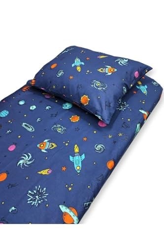 Bebek Özel%100 Pamuklu Bebek Çocuk Lastikli Çarşaf ve Yastık Kılıfı Seti, 50x90 cm, Lacivert Uzay
