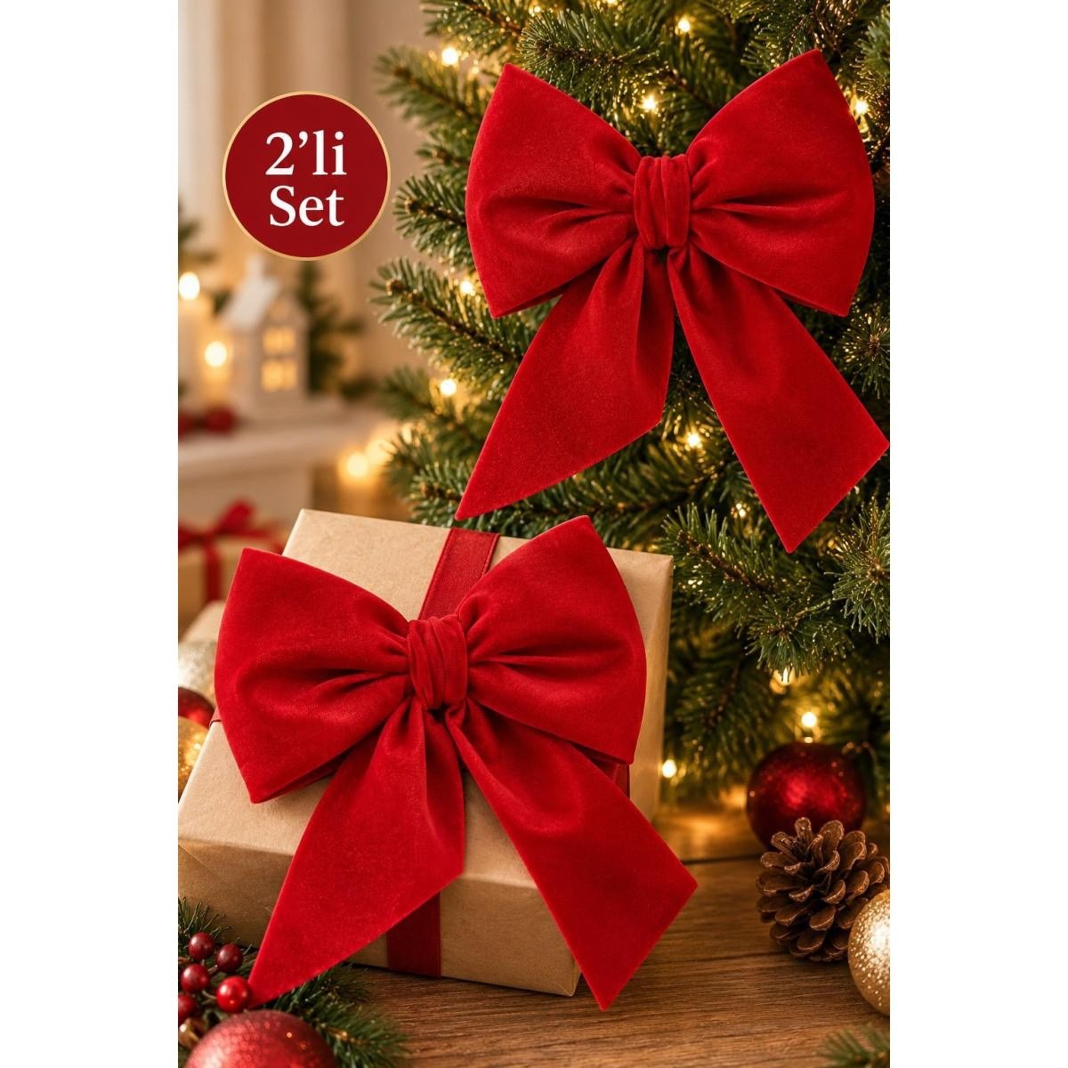 Beige & Stone 2li Mini Boy Kırmızı Desenli Kumaş Fiyonk Yılbaşı Çam Ağacı Süsü Dekoratif Kurdele Noel Ve Yeni Yıl Süsü 16 Cm