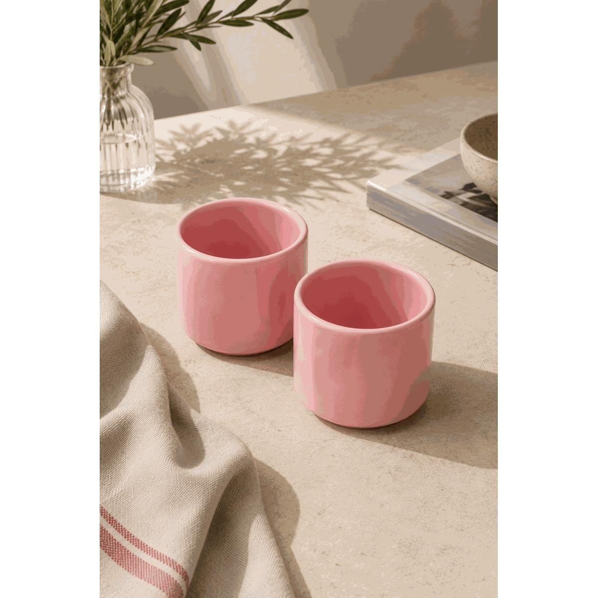 Beige & Stone 2'li Set Pembe Seramik Kupa 175 Ml Minimal Kahve Kupası Çay Fincanı Espresso Ve Türk Kahvesi Bardağı