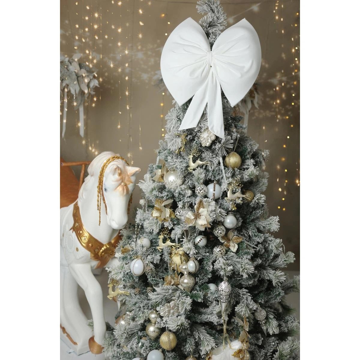 Beige & Stone Kurdele Orta Yıllbaşı Ağaç Süs Noel Beyaz Fiyonk 37x40cm