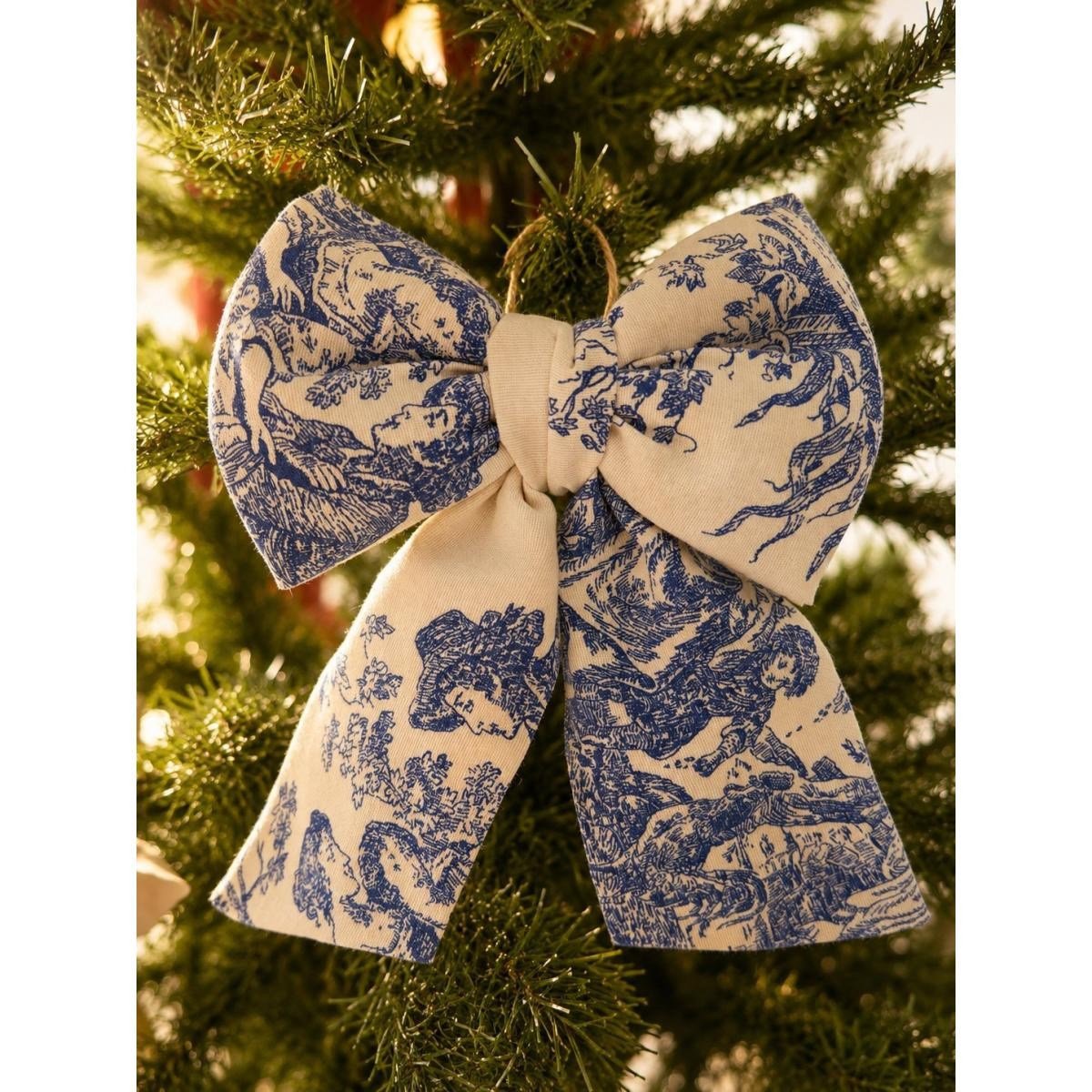 Beige & Stone Mini Boy Mavi Desenli Kumaş Fiyonk Yılbaşı Çam Ağacı Süsü Dekoratif Kurdele Noel Ve Yeni Yıl Süsü 16 Cm