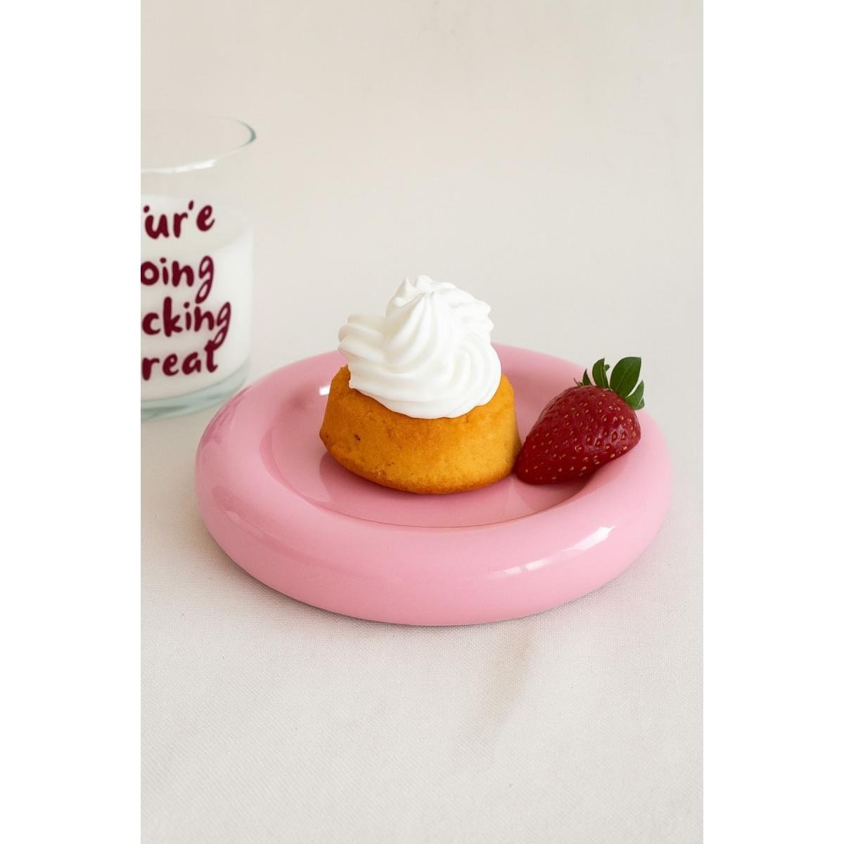 Beige & Stone Seramik Küçük Boy Parlak Pembe Donut Tatlı Tabağı