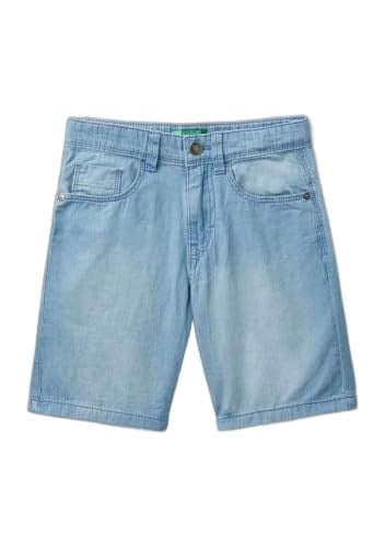 Benetton Erkek Çocuk Açık Mavi Logo İşlemeli 5 Cepli Kemer Delikli Denim Bermuda Şort