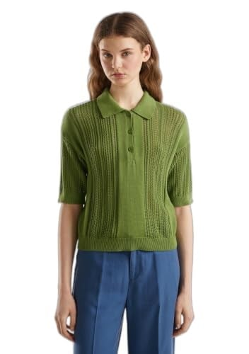 Benetton Kadın Soluk Yeşil%100 Pamuk Tığ İşi Kolları Büzgülü Polo Yaka Triko T-Shirt