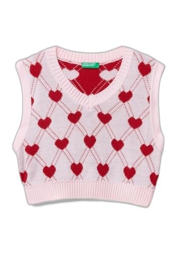 Benetton Kız Çocuk Açık Pembe Tamamı Kalp Desenli Kolsuz V Yaka Süveter