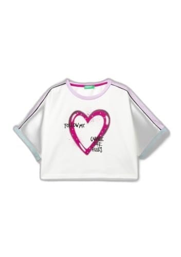 Benetton Kız Çocuk Beyaz Önü Baskılı Kontrast Renkli Geniş Bisiklet Yaka T-Shirt