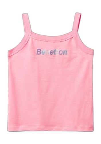 Benetton Kız Çocuk Pembe Simli Logo Baskılı İnce Askılı Atlet
