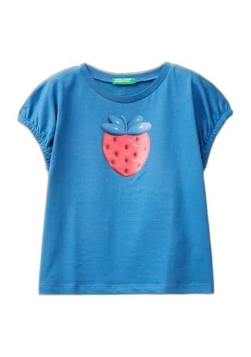 Benetton Kız Çocuk Saks Mavi Önü Grafik Baskılı Kolları Büzgülü Bisiklet Yaka T-Shirt