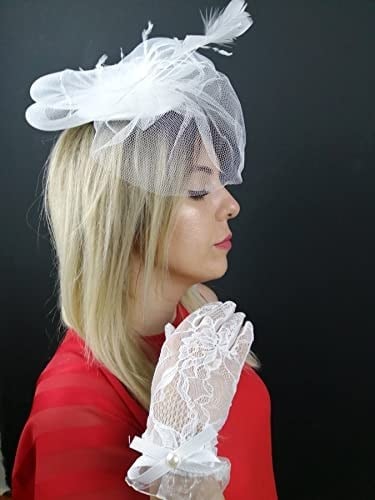 Beyaz Vualet Nikah Şapkası ve Beyaz Fiyonklu Eldiven