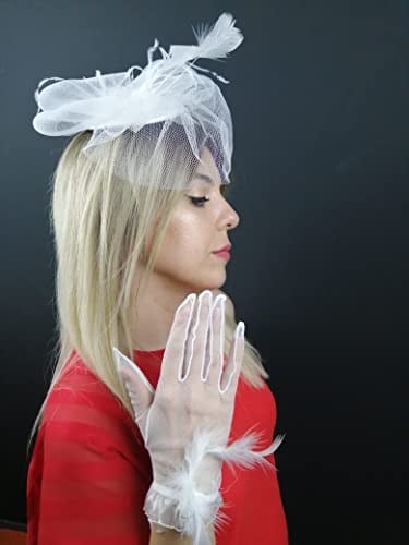 Beyaz Vualet Nikah Şapkası ve Beyaz Otriş Tüylü Eldiven NKH-1013