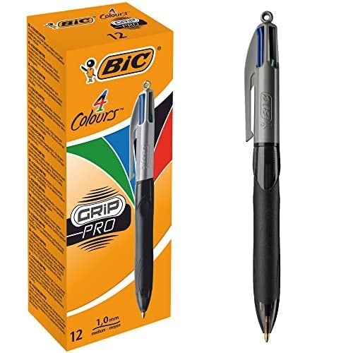 BIC 4 Colours Grip Pro Tükenmez Kalem 12'Li Kutu, Kauçuk Tutacak, 1.0mm Uç, Tek Kalemde Mavi, Kırmızı, Yeşil ve Siyah Renkler