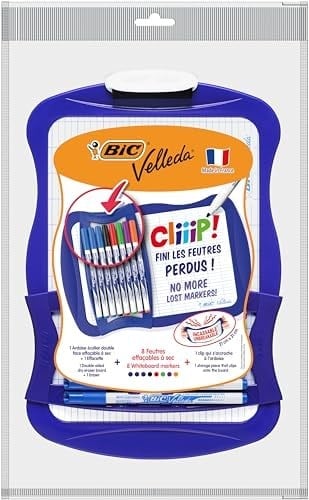 BIC 967444 Velleda Cliiip Set Beyaz Tahta (21 x 31 cm) Silecek; 8 Silinebilir Marker -10'lu Set, Çeşitli Renklerde
