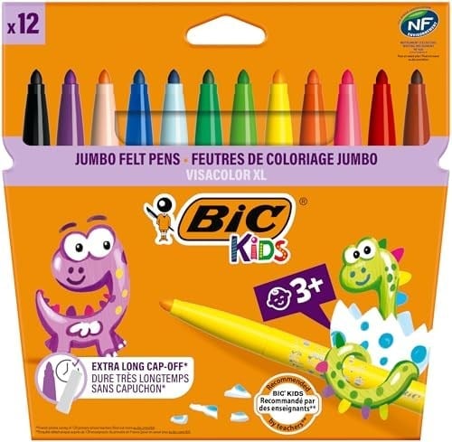 BIC Kids Visa Color XL Keçeli Boya Kalemi 12 Renk, Su Bazlı Mürekkep, Kolayca Çoğu Kumaştan Çıkar, 3 Yaş ve Üzeri Çocuklar için İdeal