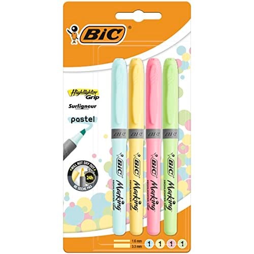 BIC Pastel fosforlu kalem, 4 farklı pastel renkte, çizgi kalınlığı: 1,6 mm – 3,3 mm, kuruma korumalı, renkli