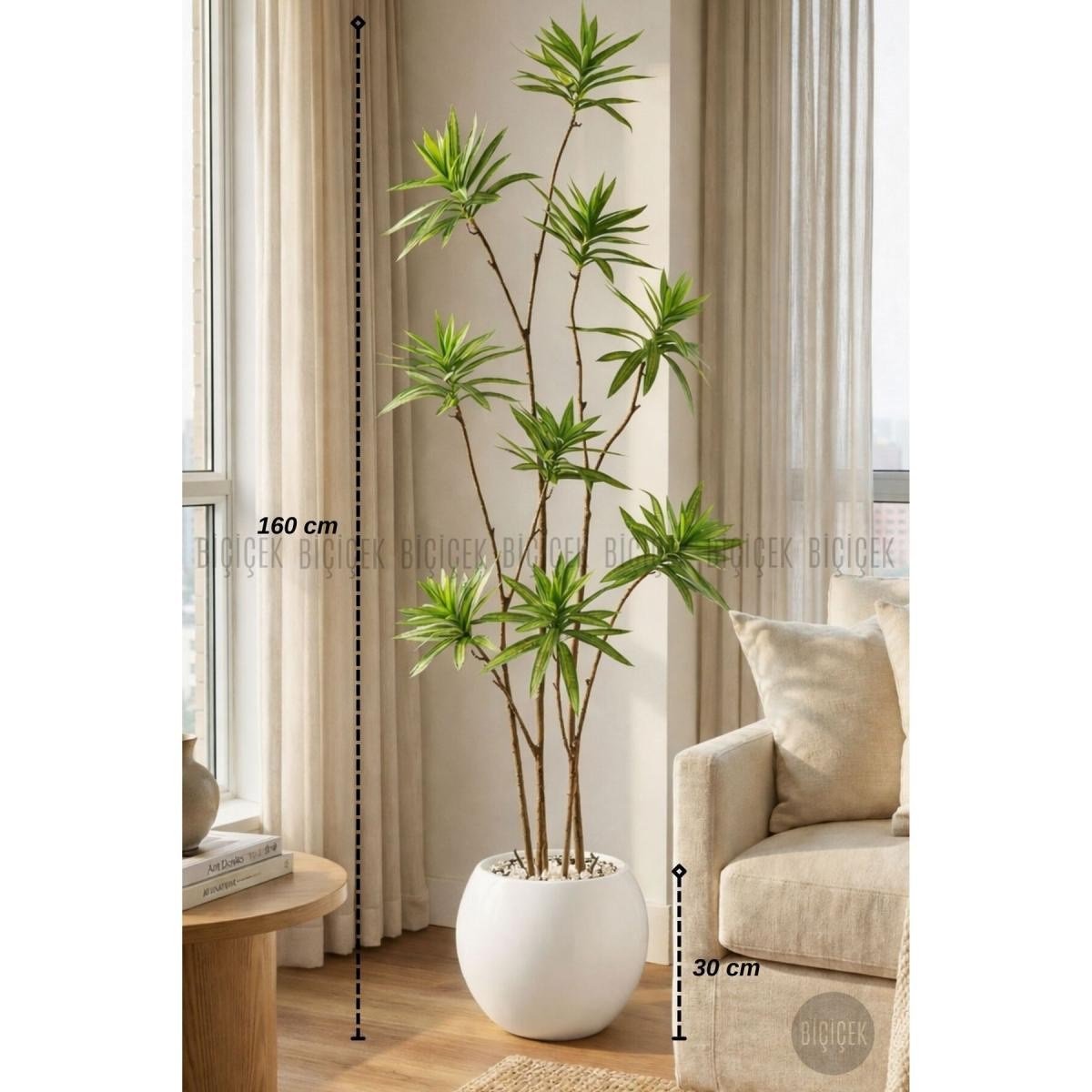 Biçiçek 160 Cm Dragon Bitkisi Yapay Dracaena Küre Saksıda Beyaz