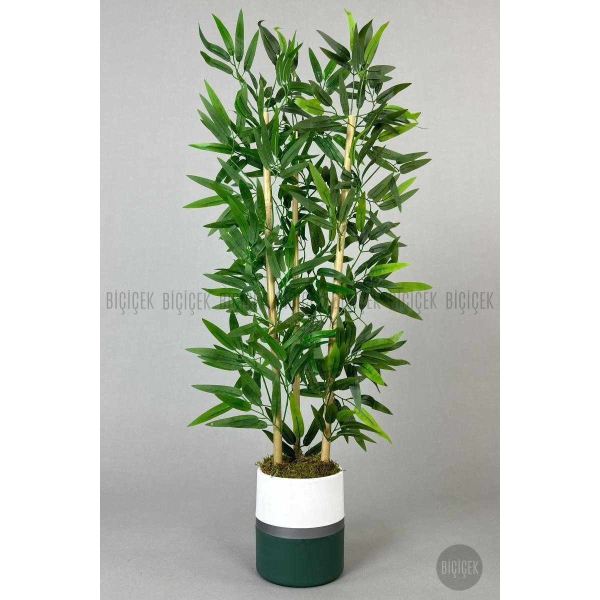 Biçiçek Yapay Bambu Ağacı 100cm Lux Saksı Yeşil-gümüş