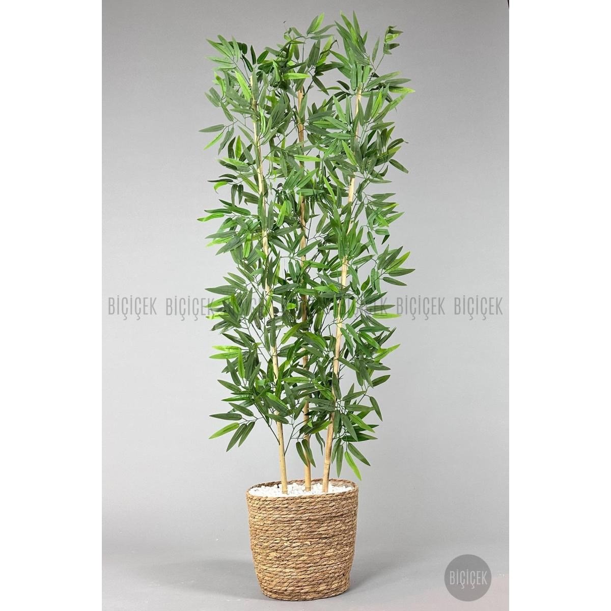 Biçiçek Yapay Bambu Ağacı 140cm Hasır Saksıda Siyah-bronz