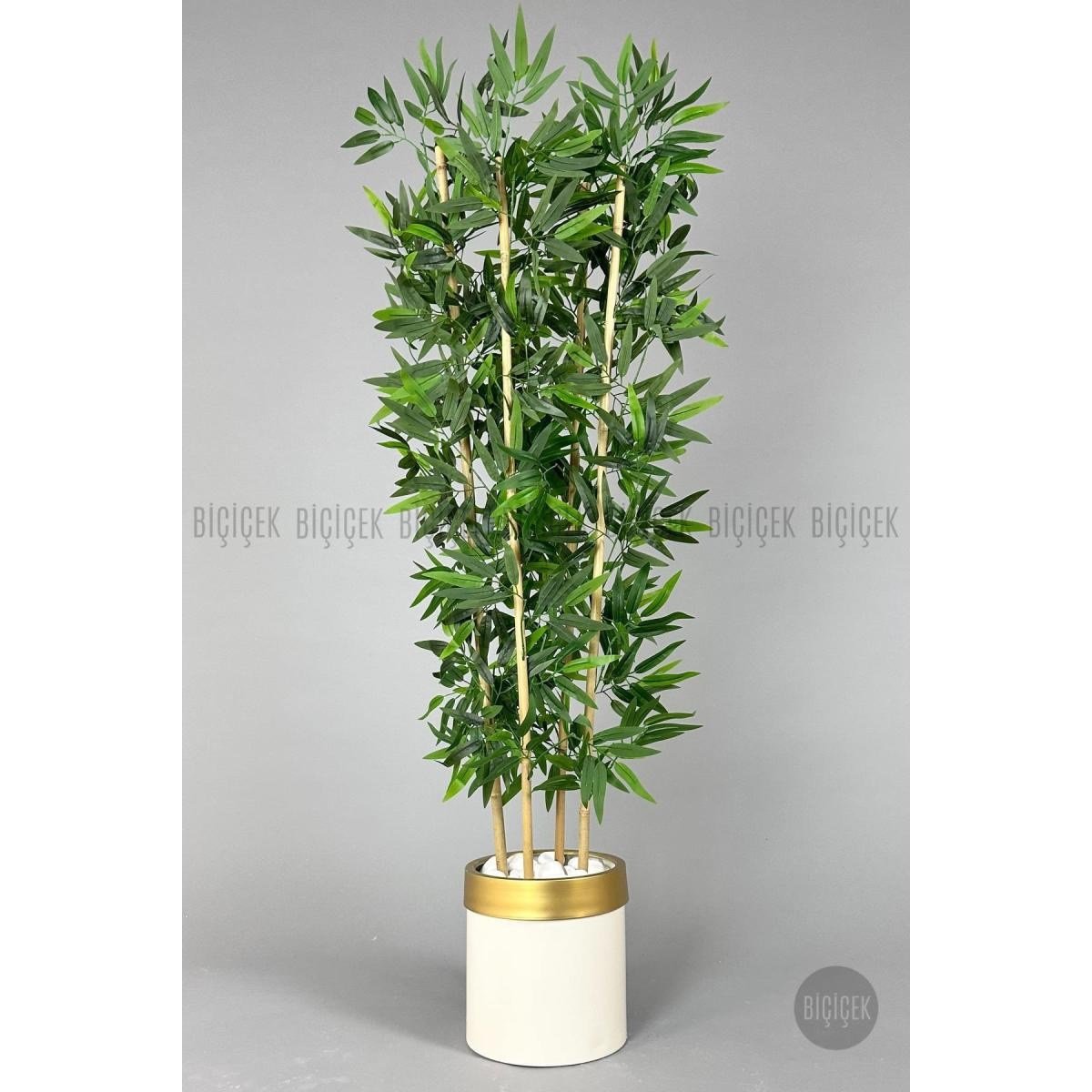 Biçiçek Yapay Bambu Ağacı 140cm Krem Gold Metal Saksıda