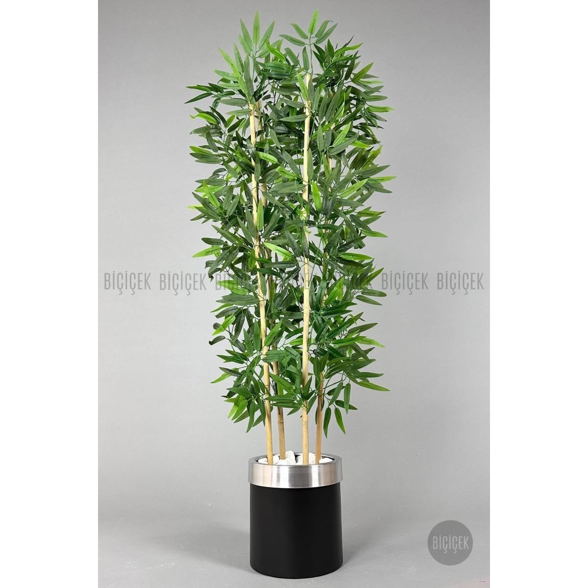 Biçiçek Yapay Bambu Ağacı 140cm Siyah Gümüş Metal Saksıda