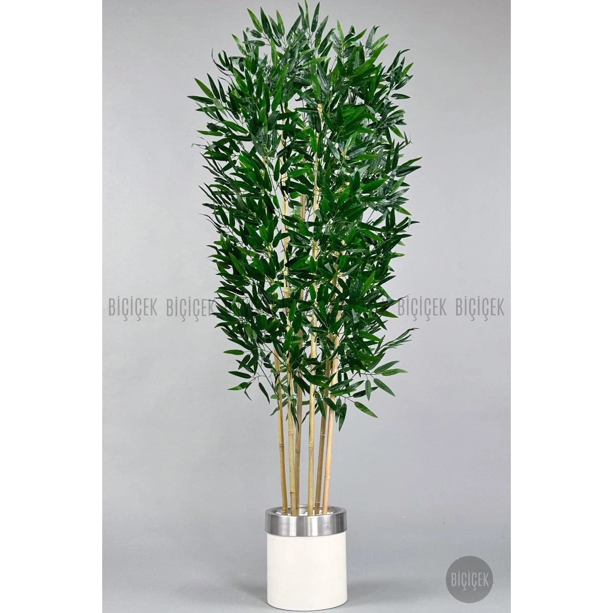 Biçiçek Yapay Bambu Ağacı 170cm Krem Metal Saksıda Gümüş