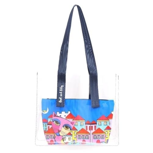 Biggdesign Owl And City Şeffaf Alışveriş ve plaj çantası