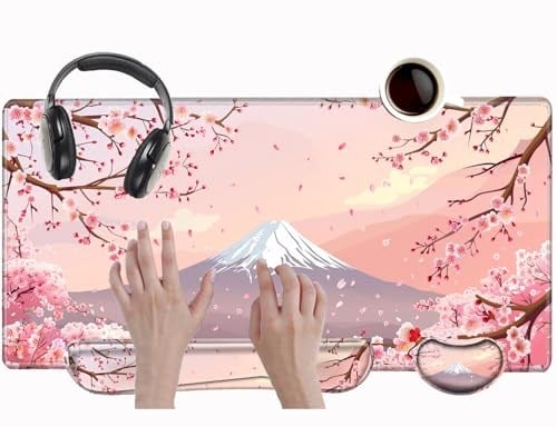 Bilek Destekli Büyük Mouse Pad Kiraz Çiçeği Masa Matı Oyun Mousepad ve Keyborad Bilek Dinlenme Pembe Bilgisayar Matı 80 cm x 40 cm XXL Mouse Mat Organizasyon Dekoru
