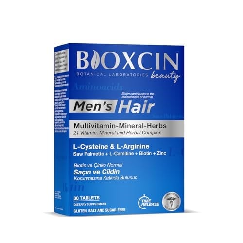 Bioxcin Men’s Hair Tablet – L-Arginin, Cüce Palmiye, L-Karnitin, Biotin ve Çinko İçeren Erkeklere Özel Saç, Cilt ve Tırnak Destek Tableti – 30 Tablet – Vegan