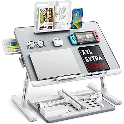 Bix SAIJI K7 Ultimate PVC Deri Çıkarılabilir Silikon Bölmeli Depolama Çekmeceli Ayarlanabilir Katlanır Dizüstü Yatak Masası, Laptop Çalışma Masası, Çıkarılabilir Kitaplık Gümüş