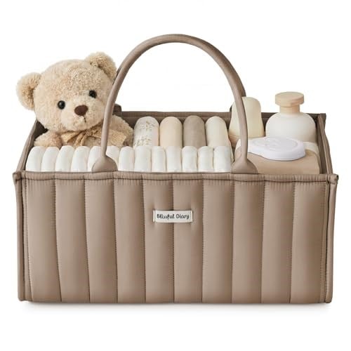 Blissful Diary Bebek Bezi Caddy Sepeti, Şık Bebek Bezi Caddy Organizatörü, Bebek Bezi Saklama Sepeti - Yenidoğan Bebek Duş Listesi ve Bebek Olması Gerekenler için Bebek Hediye Kaydı - Kahverengi