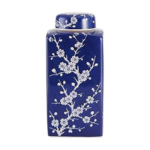 Bombay Kiraz Çiçeği Kapaklı Seramik Kavanoz, 13 cm x 30 cm, Mavi/Beyaz
