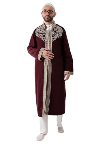 Bordo Hakim Yaka Erkek Namaz Elbisesi Şerit Nakış İşlemeli İmam Cübbesi
