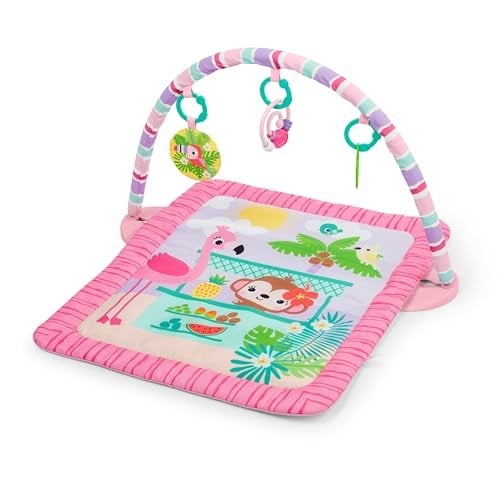 Bright Starts Pink Palms Tiki Oyuncak Çubuklu Bebek Jimnastik Aktivitesi Ve Yüz Üstü Geçirilen Zaman Matı, Oyuncak Çubuğu Ve 3 Oyuncak, Yenidoğan İle 3 Yaş Arası Bebekler İçin