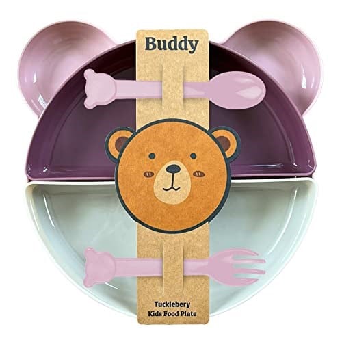 Buddy Mama Tabağı Seti, 1 Ayıcık Tabak 4 Kase Çatal-Kaşık, Bebek ve Çocuklar İçin Yemek Takımı, BPA İçermez, Pembe Mor Bej