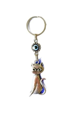 Büyülü Kedi Nazar Boncuklu Metal Anahtarlık Hediyelik Süs Eşyası Araba Çanta Aksesuarı 13cmx3cm