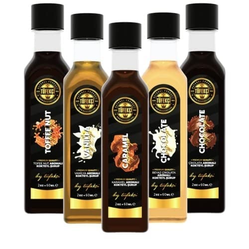 By Tüfekçi 5'li Çok Satanlar Avantajlı Şurup Deneme Paketi (Karamel, Çikolata, vanilya, Beyaz Çikolata, Toffee Nut) 5x60ml