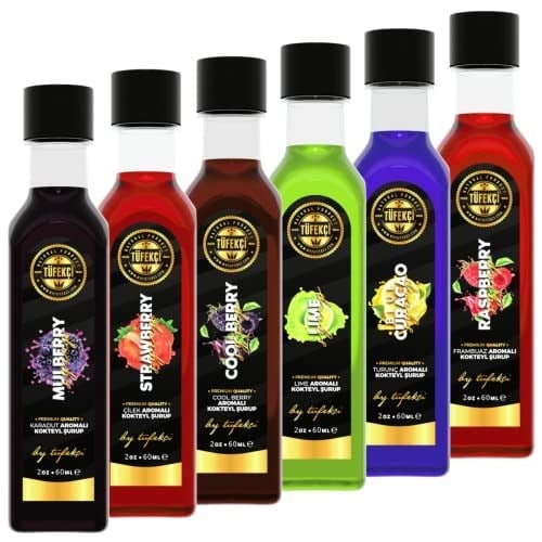 By Tüfekçi 6'Li Avantajlı Kahve, Pasta Ve Kokteyl Şurubu Deneme Paketi (Lime,Frambuaz,Çilek,Karadut,Blue Curacao Cool Berry) 6X60ML
